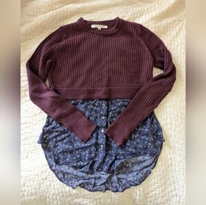 Veronica Beard Garrett Mixed Media Tunic Sweater, Maroon and Blue Floral…